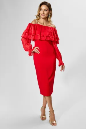 Rochie de ocazie cu volane si umerii goi Zayrra Rosie