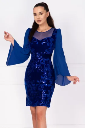 Rochie de ocazie din catifea albastra Celine cu maneci din voal si model paietat