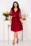 Rochie de ocazie din catifea bordo cu maneci din tulle