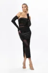 Rochie de ocazie din catifea cu glitter si maneci detasabile Dorata Neagra