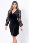 Rochie de ocazie din catifea cu maneci din tulle si flori 3D
