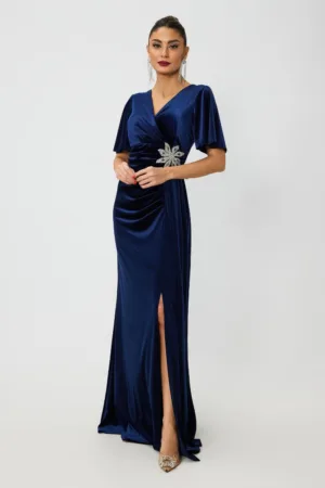 Rochie de ocazie din catifea cu maneci evazate si strass-uri in talie Verity Bleumarin