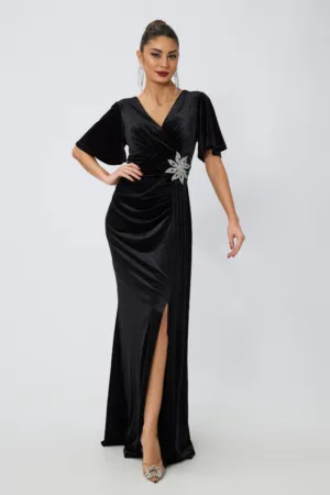 Rochie de ocazie din catifea cu maneci evazate si strass-uri in talie Verity Neagra