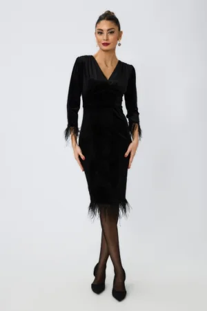Rochie de ocazie din catifea cu pene Moze Hilton Neagra