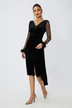 Rochie de ocazie din catifea cu strass-uri si pene Eralia Neagra