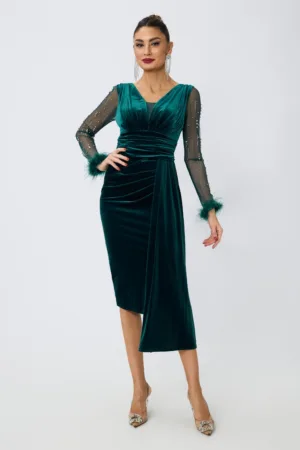 Rochie de ocazie din catifea cu strass-uri si pene Eralia Turcoaz