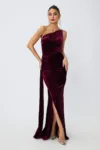 Rochie de ocazie din catifea one shoulder cu strass-uri Terezia Bordo