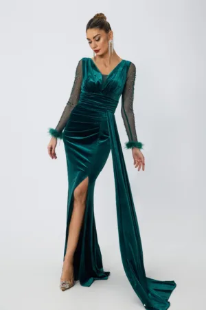 Rochie de ocazie din catifea tip sirena cu strass-uri si pene Trinidad Turcoaz