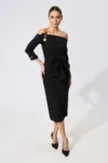 Rochie de ocazie din crepe cu butoni aurii si umerii goi Gizel Neagra