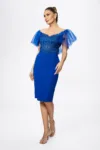 Rochie de ocazie din crepe cu dantela si volane din tull Elorra Albastra