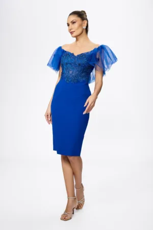 Rochie de ocazie din crepe cu dantela si volane din tull Elorra Albastra