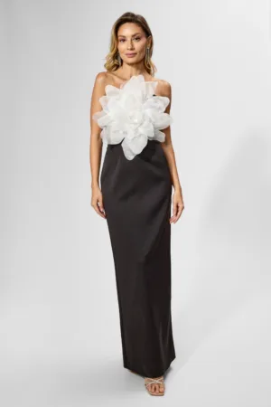 Rochie de ocazie din crepe cu floare 3D Illusion Neagra