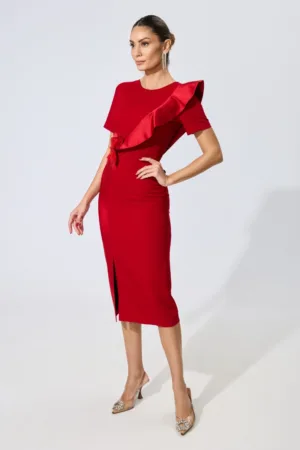 Rochie de ocazie din crepe cu floare 3D  si volan Delores Rosie