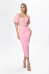 Rochie de ocazie din crepe cu maneci bufante si voal creponat Amaya Roz