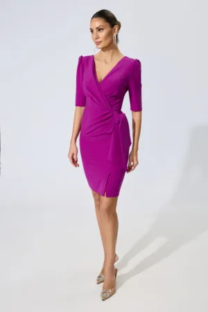 Rochie de ocazie din crepe cu pliuri si funda in talie Heidy Fucsia