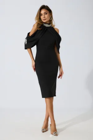 Rochie de ocazie din crepe cu strass-uri si decupaje la umeri Irenka Neagra