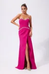 Rochie de ocazie din crepe cu strass-uri si umerii goi Samara Fucsia