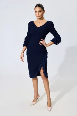 Rochie de ocazie din crepe cu volane Cleo Bleumarin