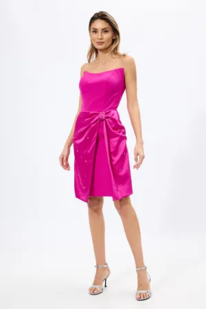 Rochie de ocazie din crepe si satin cu strass-uri Amelda Fucsia