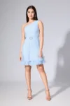 Rochie de ocazie din crepe si tull cu volanase la baza Meryem Bleu