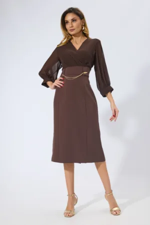 Rochie de ocazie din crepe si voal cu lant auriu in talie Nevara Maro