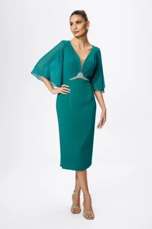 Rochie de ocazie din crepe si voal cu strass-uri in talie Sereya Verde