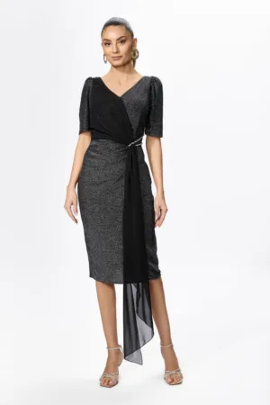 Rochie de ocazie din licra cu fir lame si detaliu din voal tip esarfa Brillia Argintie
