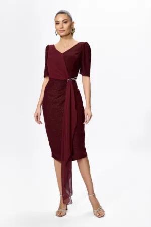 Rochie de ocazie din licra cu fir lame si detaliu din voal tip esarfa Brillia Bordo