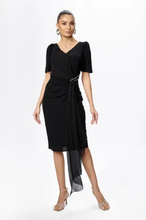 Rochie de ocazie din licra cu fir lame si detaliu din voal tip esarfa Brillia Neagra