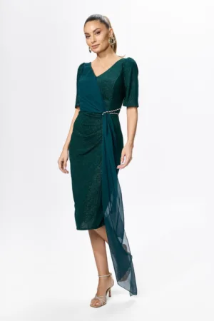 Rochie de ocazie din licra cu fir lame si detaliu din voal tip esarfa Brillia Verde