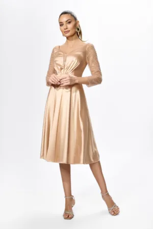 Rochie de ocazie din licra satinat cu paiete pe maneci Maura Aurie