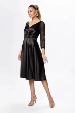 Rochie de ocazie din licra satinat cu paiete pe maneci Maura Neagra