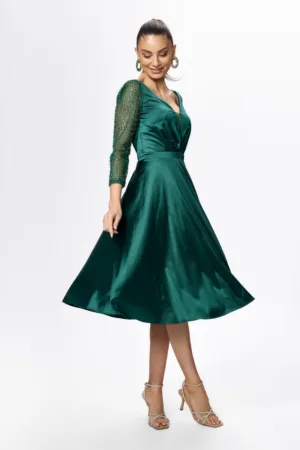 Rochie de ocazie din licra satinat cu paiete pe maneci Maura Verde