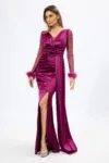 Rochie de ocazie din licra satinat cu strass-uri pe maneci Isaura Magenta