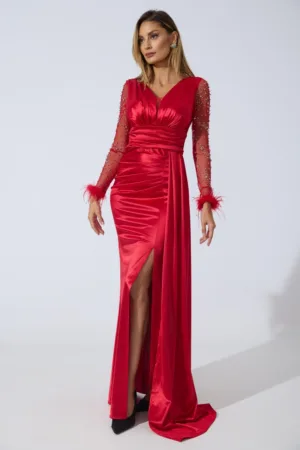 Rochie de ocazie din licra satinat cu strass-uri pe maneci Isaura Rosie