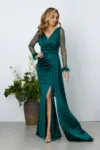 Rochie de ocazie din licra satinat cu strass-uri pe maneci Isaura Verde