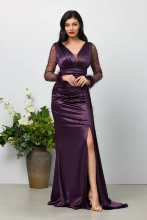 Rochie de ocazie din licra satinat cu strass-uri pe maneci Isaura Violet