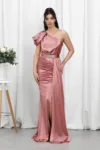 Rochie de ocazie din licra satinat tip one shoulder Perfection Somon