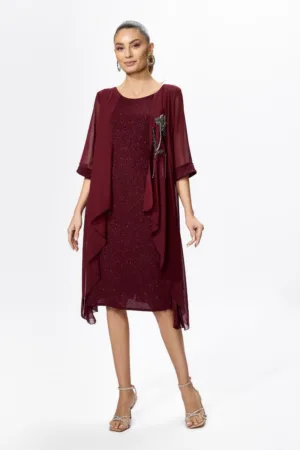 Rochie de ocazie din licra si voal cu aplicatie din strass-uri tip floare Helmina Bordo