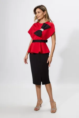Rochie de ocazie din neopren cu peplum si funda cu strass-uri Medora Rosie