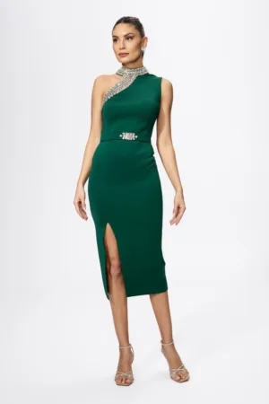 Rochie de ocazie din neopren cu strass-uri Fahima Verde