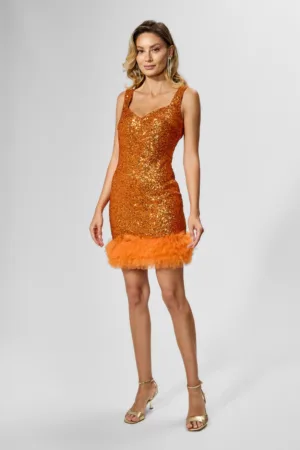 Rochie de ocazie din paiete cu volanase din tull Temily Orange