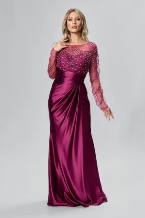 Rochie de ocazie din satin accesorizata cu strass-uri Femme Magenta