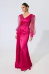 Rochie de ocazie din satin cu crepeu pe picior Odda Fucsia