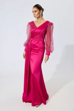 Rochie de ocazie din satin cu crepeu pe picior Odda Fucsia