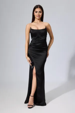 Rochie de ocazie din satin cu croi petrecut Sensuelle Neagra