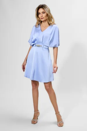 Rochie de ocazie din satin cu maneci asimetrice Cesarina Bleu