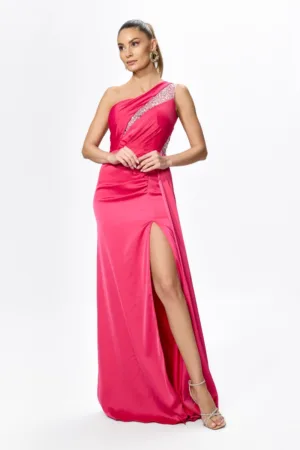 Rochie de ocazie din satin cu model one shoulder Sorrentine Ciclam