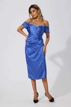 Rochie de ocazie din satin cu strass-uri Emberly Albastra