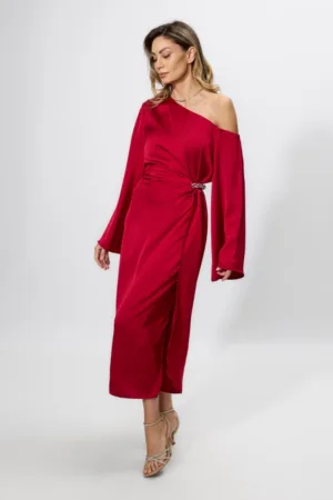 Rochie de ocazie din satin cu strass-uri in talie Felicita Marsala